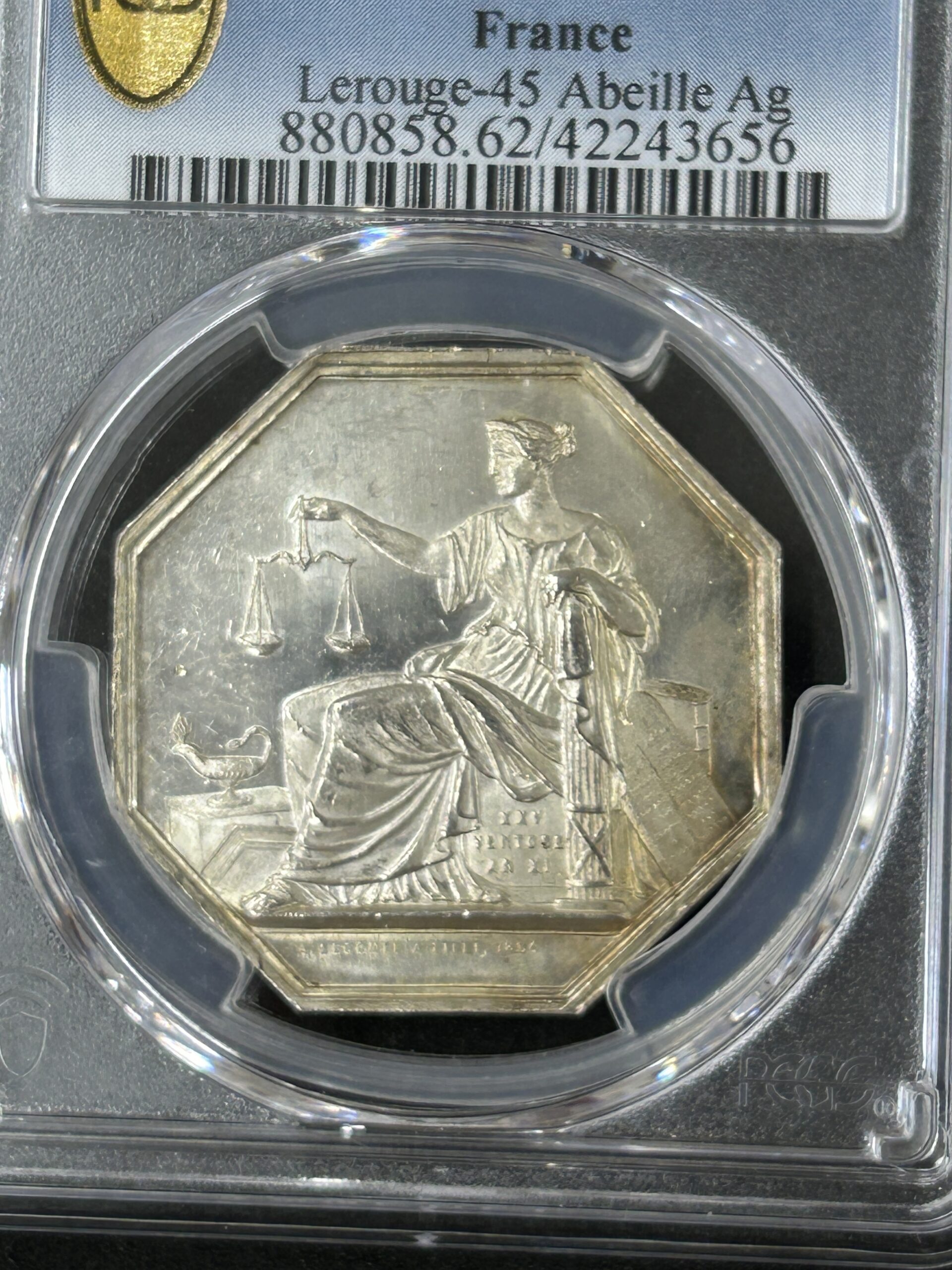 1854 フランスジェトン銀貨 PCGS MS62 最高鑑定 - 画像 (3)